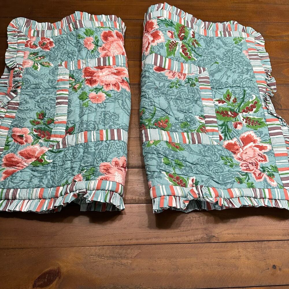 Soft Surroundings Quilted Floral Stripe Ruffle Cottagecore Farm Shams set 2 Boho